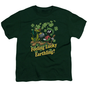 Hunter green youth t-shirt for ages 8 to 12 with St. Patrick's Day Looney Tunes/Feeling Lucky graphic