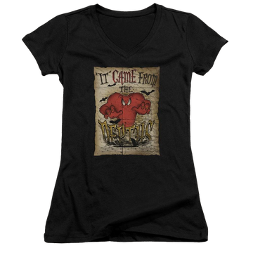 Black juniors v-neck t-shirt with Looney Tunes The Depths graphic