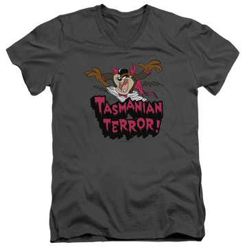 Charcoal men's v-neck t-shirt with Looney Tunes Taz Terror graphic