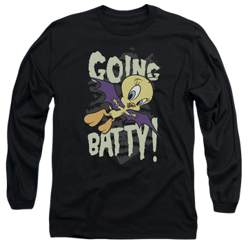 Black men's long sleeve t-shirt with Looney Tunes Going Batty graphic