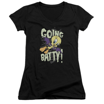 Black juniors v-neck t-shirt with Looney Tunes Going Batty graphic
