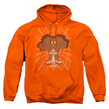 Orange pullover hoodie with Looney Tunes Being Watched graphic