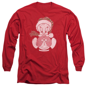 Red men's long sleeve t-shirt with Looney Tunes Tweey Globe graphic