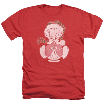Red men's heather t-shirt with Looney Tunes Tweey Globe graphic