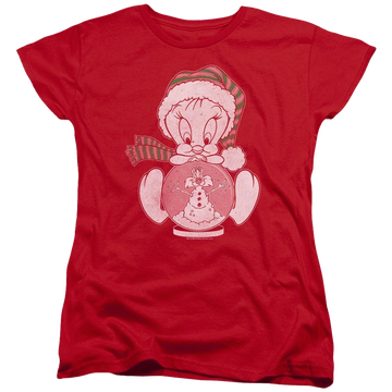 Red women's t-shirt with Looney Tunes Tweey Globe graphic