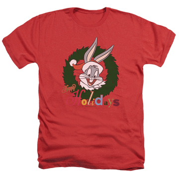 Red men's heather t-shirt with Looney Tunes Holiday Bunny graphic