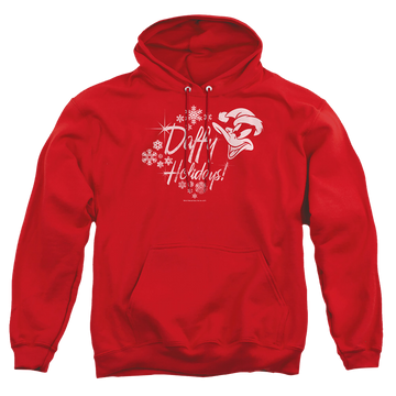 Red pullover hoodie with Looney Tunes Daffy Holidays graphic
