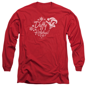 Red men's long sleeve t-shirt with Looney Tunes Daffy Holidays graphic