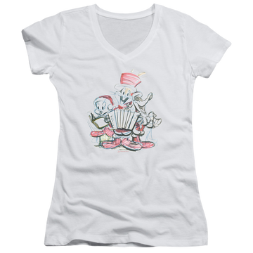 White juniors v-neck t-shirt with Looney Tunes Holiday Sketch graphic