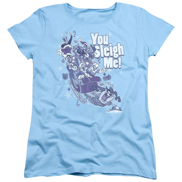 Light blue women's t-shirt with Looney Tunes You Sleigh Me graphic