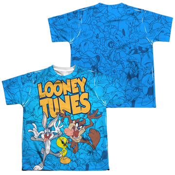 Looney Tunes Collage Of Characters (F/B) youth all-over print t-shirt for ages 8 to 12