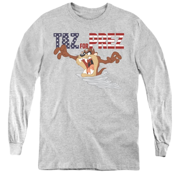 Athletic heather youth long sleeve t-shirt with Looney Tunes Taz For Prez 3 graphic