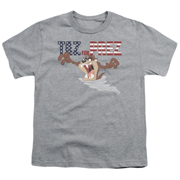 Athletic heather youth t-shirt for ages 8 to 12 with Looney Tunes Taz For Prez 3 graphic