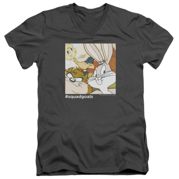 Charcoal men's v-neck t-shirt with Looney Tunes Squad Goals graphic