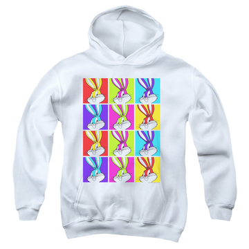 White youth hoodie for ages 8 to 12 with Looney Tunes Bugs Tiles graphic