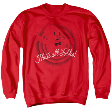 Red men's crewneck sweatshirt with Looney Tunes Thats All Folks graphic