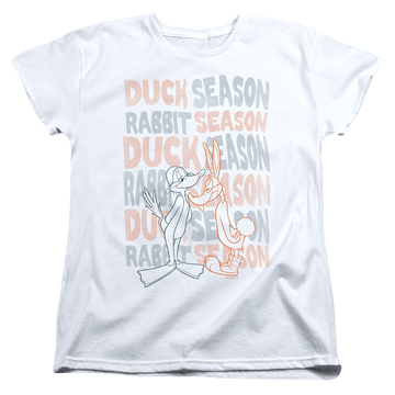 White women's t-shirt with Looney Tunes Duck Season Rabbit Season graphic