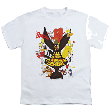 White youth t-shirt for ages 8 to 12 with Looney Tunes Cereal graphic