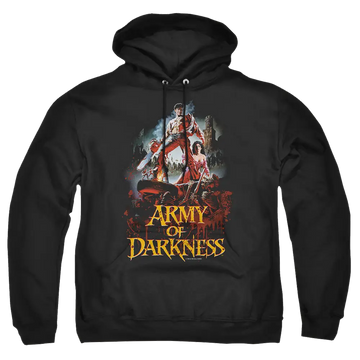 Black pullover hoodie with Army of Darkness Bloody Poster graphic