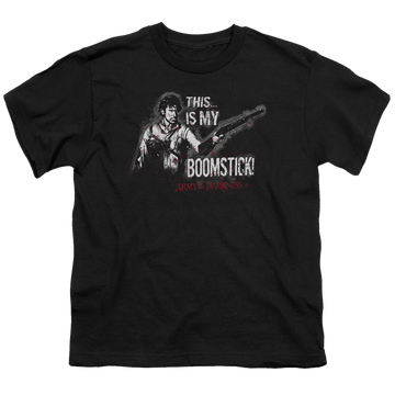 Black youth t-shirt for ages 8 to 12 with Army Of Darkness/Boomstick graphic