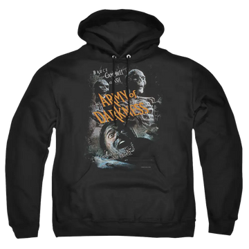 Black pullover hoodie with Army of Darkness Covered graphic