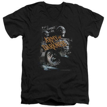 Black men's v-neck t-shirt with Army of Darkness Covered graphic
