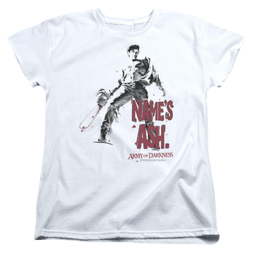 White women's t-shirt with Army of Darkness Names Ash graphic