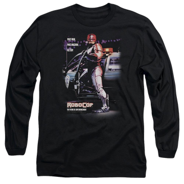Black men's long sleeve t-shirt with Robocop Poster graphic