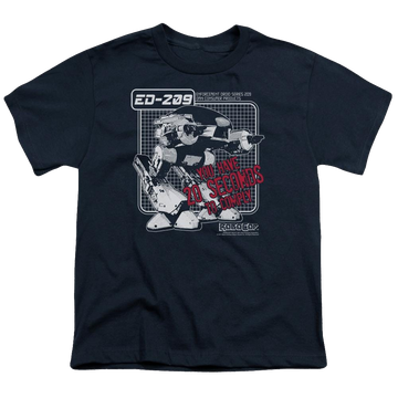 Navy youth t-shirt for ages 8 to 12 with Robocop Ed 209 graphic