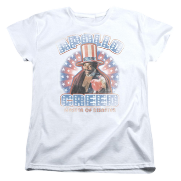 White women's t-shirt with Rocky Apollo Creed graphic