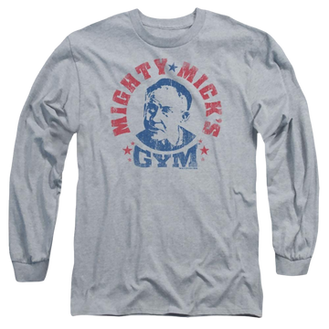 Athletic heather men's long sleeve t-shirt with Rocky Mighty Micks Gym graphic