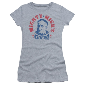 Athletic heather juniors t-shirt with Rocky Mighty Micks Gym graphic