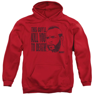 Red pullover hoodie with Rocky III Kill You To Death graphic