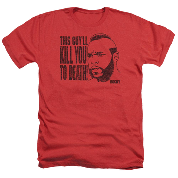 Red men's heather t-shirt with Rocky III Kill You To Death graphic