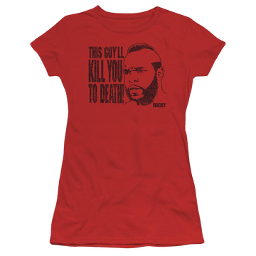 Red juniors t-shirt with Rocky III Kill You To Death graphic