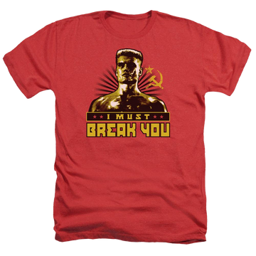 Red men's heather t-shirt with Rocky IV I Must Break You graphic