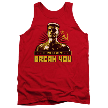 Red men's tank with Rocky IV I Must Break You graphic