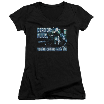 Black juniors v-neck t-shirt with Robocop Dead Or Alive graphic