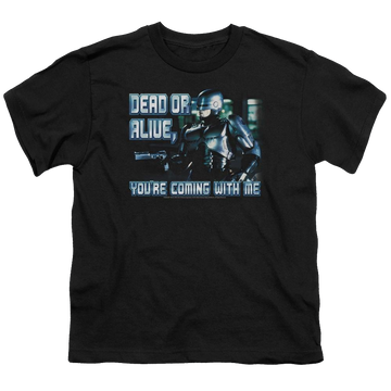 Black youth t-shirt for ages 8 to 12 with Robocop Dead Or Alive graphic