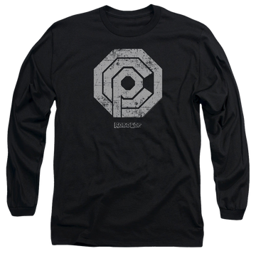 Black men's long sleeve t-shirt with Robocop/Distressed Ocp Logo graphic