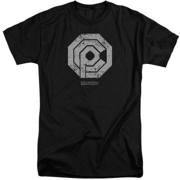 Black men's tall fit t-shirt with Robocop Distressed Ocp Logo graphic