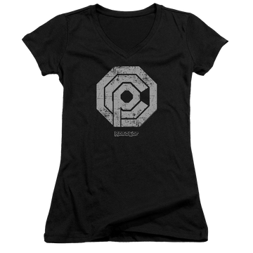 Black juniors v-neck t-shirt with Robocop Distressed Ocp Logo graphic
