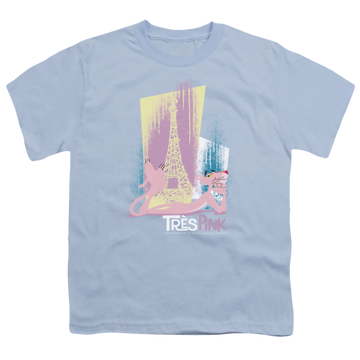 Light blue youth t-shirt for ages 8 to 12 with Pink Panther Tres Pink graphic