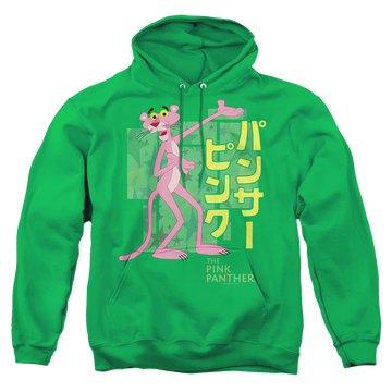 Kelly green pullover hoodie with Pink Panther/Asian Letters graphic