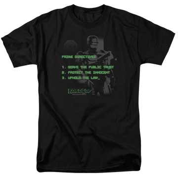 Black men's regular fit t-shirt with Robocop Prime Directives graphic