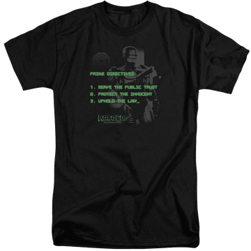 Black men's tall fit t-shirt with Robocop Prime Directives graphic