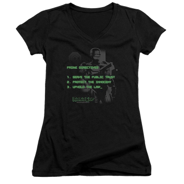 Black juniors v-neck t-shirt with Robocop Prime Directives graphic