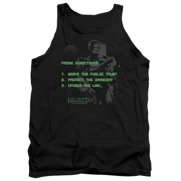 Black men's tank with Robocop Prime Directives graphic