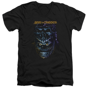 Black men's v-neck t-shirt with Army of Darkness Evil Ash graphic