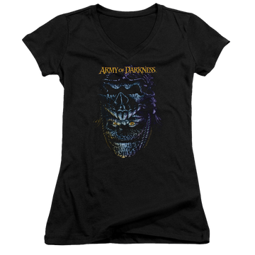 Black juniors v-neck t-shirt with Army of Darkness Evil Ash graphic